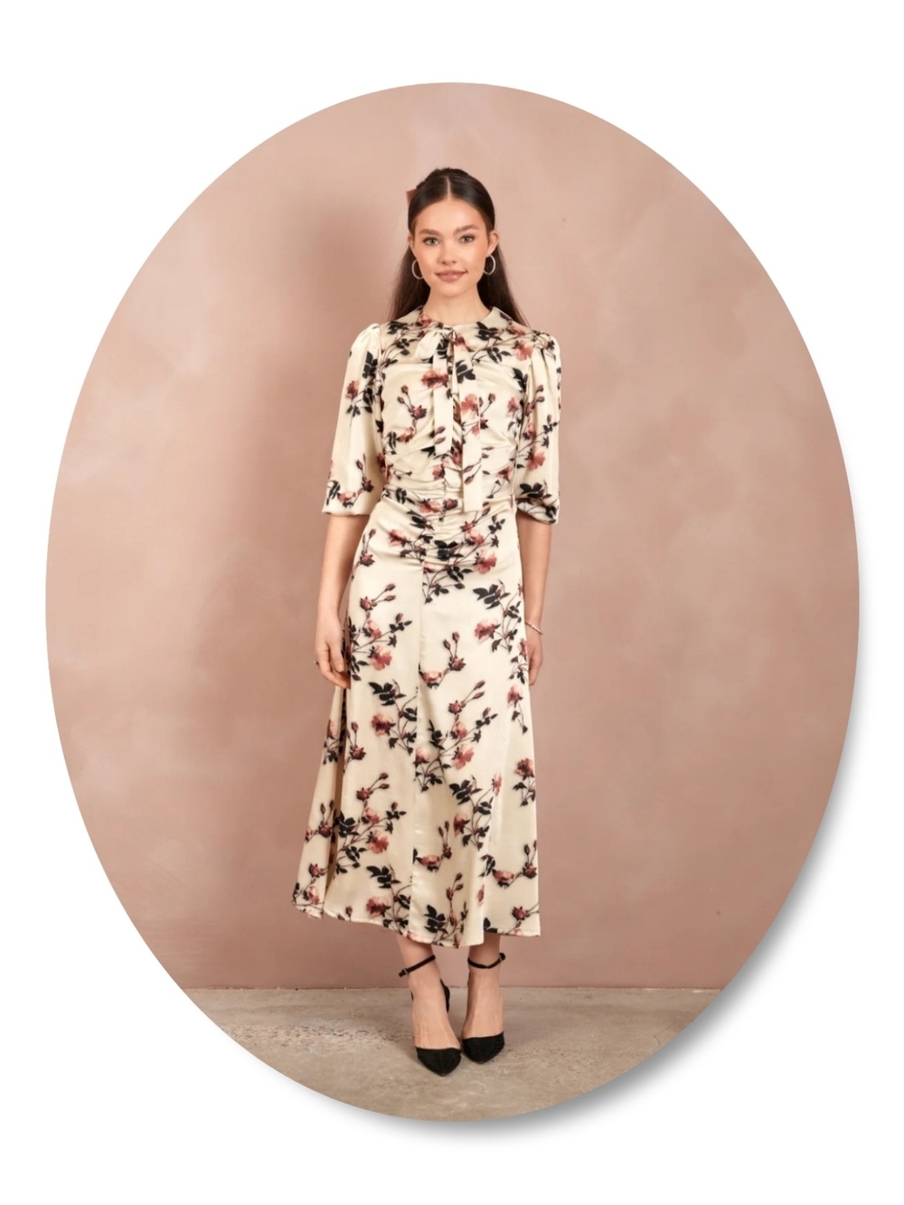 Floral Tie-Neck Midi Dress in Cream